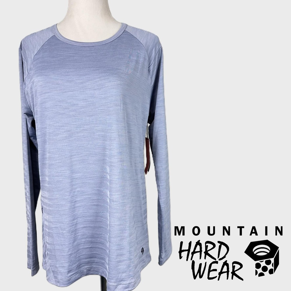 NWT! Mountain Hardwear Mighty Stripe LS Shirt Womens Large Light Blue UPF 30